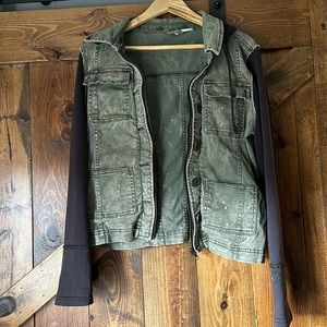 Free People Green Olive Denim Cargo Jacket Black Sleeves Removable Hood
